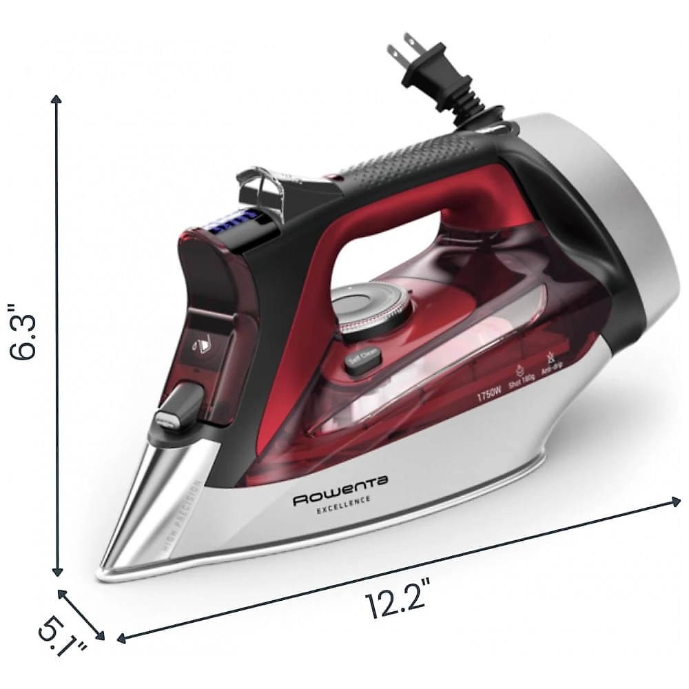 Ferro Rowenta, Focus Excellence de Aço Inoxidável com Base a Vapor para Roupas, Cabo Retrátil, 400 Furos de Microvapor, Vapor Potente, Display LED