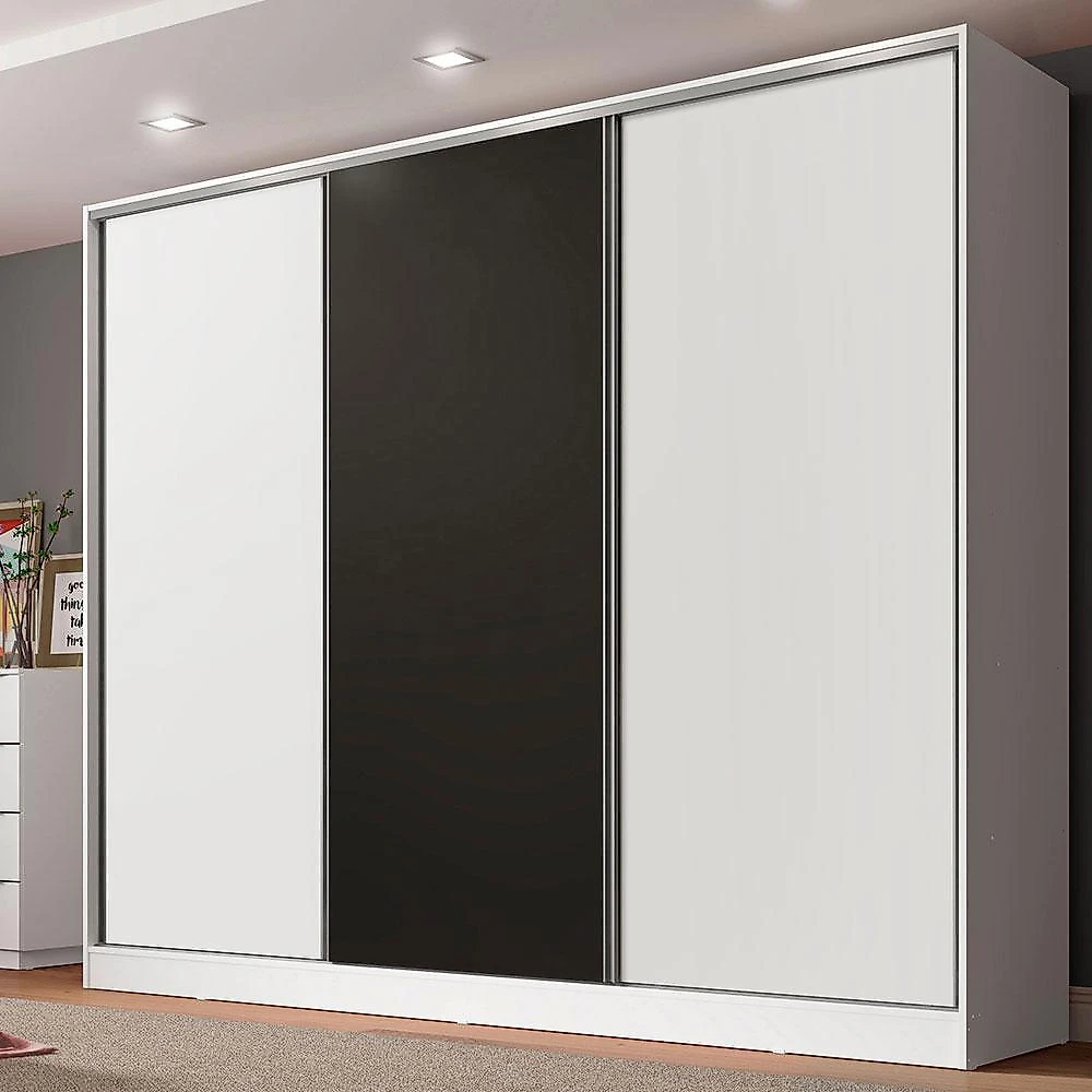 Guarda roupa casal 100% mdf madesa royale 3 portas de correr - branco/branco/preto