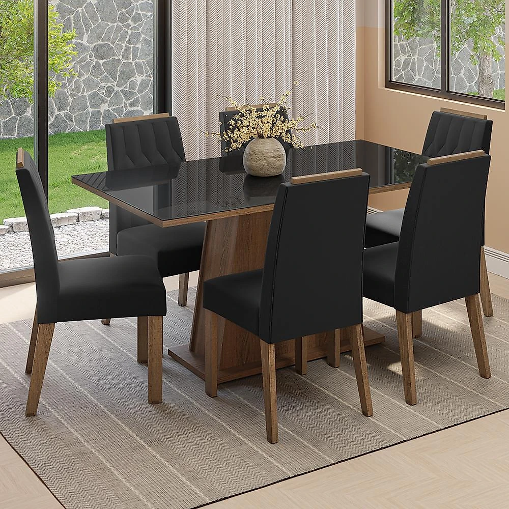 Conjunto sala de jantar tampo de vidro 6 cadeiras rustic/preto/oxford peônia madesa