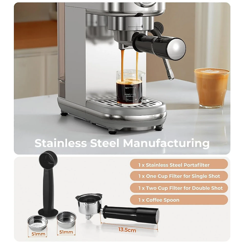 Máquina de Espresso 20 Bar, Vaporizador Profissional, Compacta, Controle NTC, Atatix, Inox, Prata, 110V