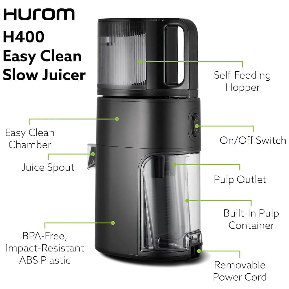 Extrator de Sucos Hurom H400 Easy Clean, Preto Fosco - Alta Performance, Livre de BPA, Limpeza sem Esforço