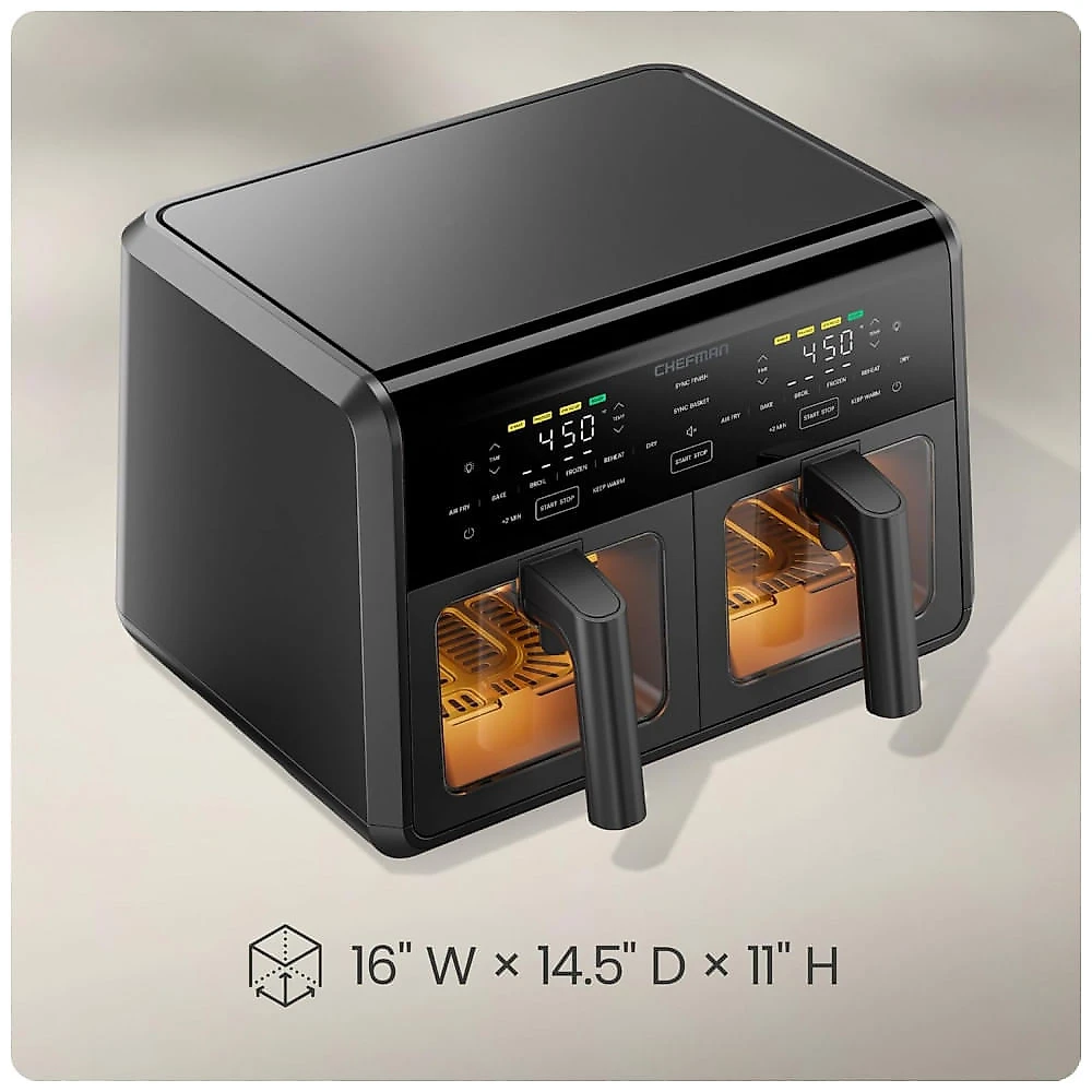 Fritadeira Elétrica Dupla Chefman TurboFry Preta Motor DC 2 Cestos Cerâmica 8,5L 232°C 1750W 120V
