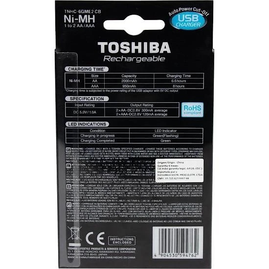Carregador de pilha usb tnhc-6gme2 cb (com2 pilhas aa 2000 mah) toshiba