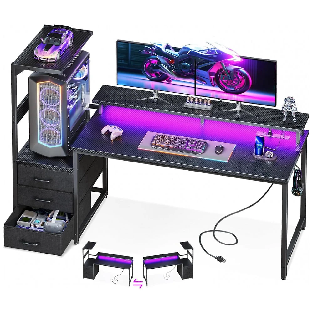 Mesa Gamer Reversível AODK 150 cm Fibra de Carbono Preto com Luzes LED, Tomadas USB, 3 Gavetas de Tecido e Suporte para Monitor,