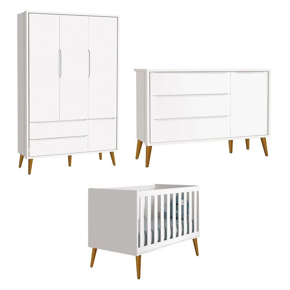Jogo De Quarto Para Bebê Completo 3 Portas Théo New Branco Fosco Com Madeira - Reller