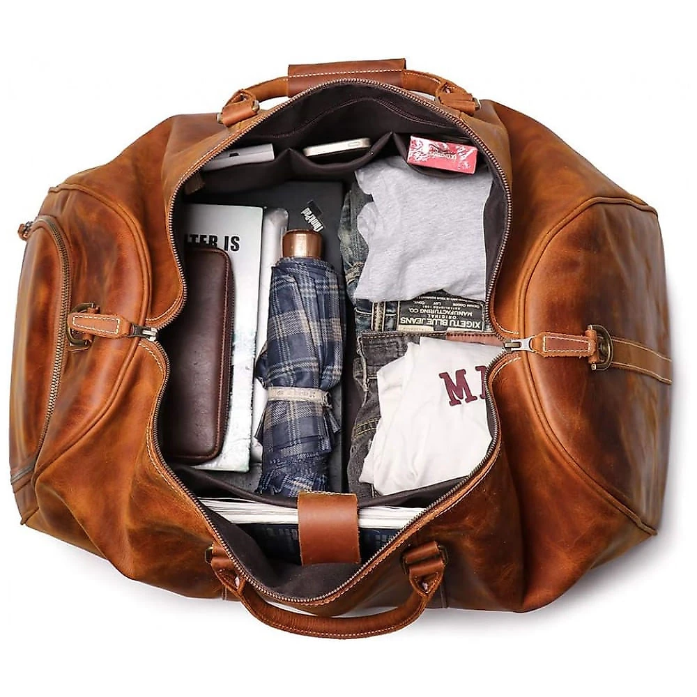 Bolsa de Viagem Masculina Clássica de Couro, LEATHFOCUS, Marrom