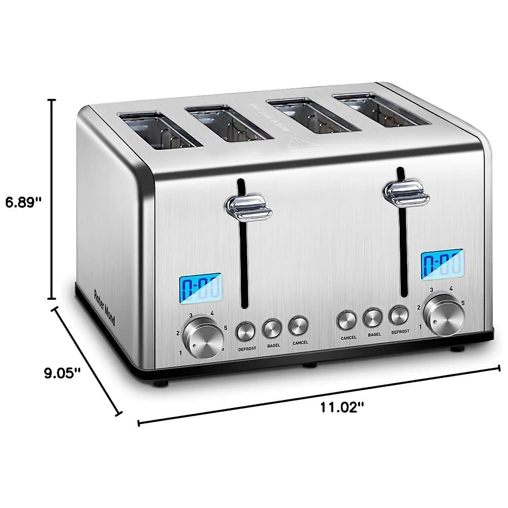 Torradeira de 4 fatias em Aço Inoxidável com Contador Regressivo e Funções Bagel, Descongelar e Cancelar - 1650W,Roter Mond