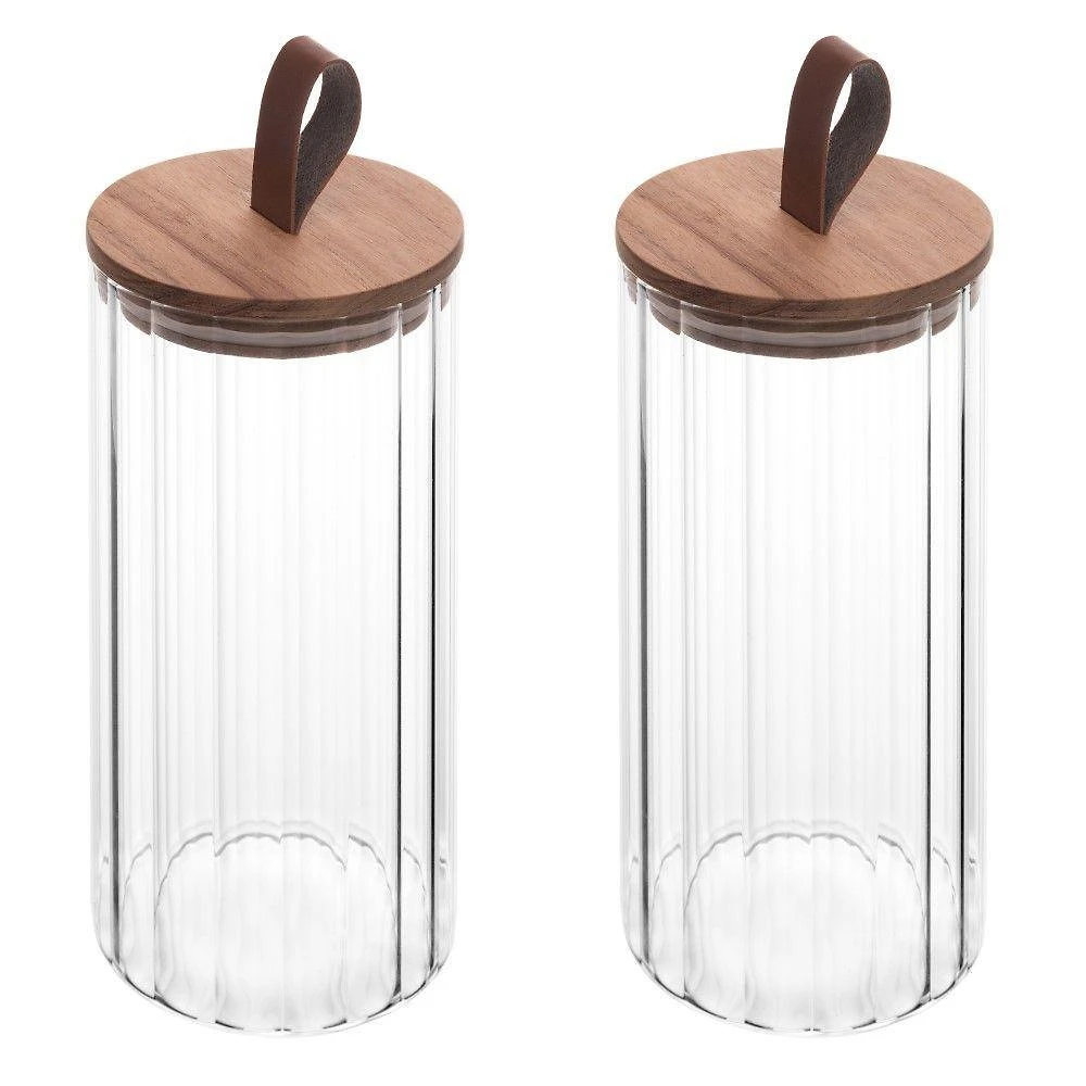 Conjunto 02 Potes De Vidro Canelado Com Tampa Hermética De Acácia 1,2l Wolff
