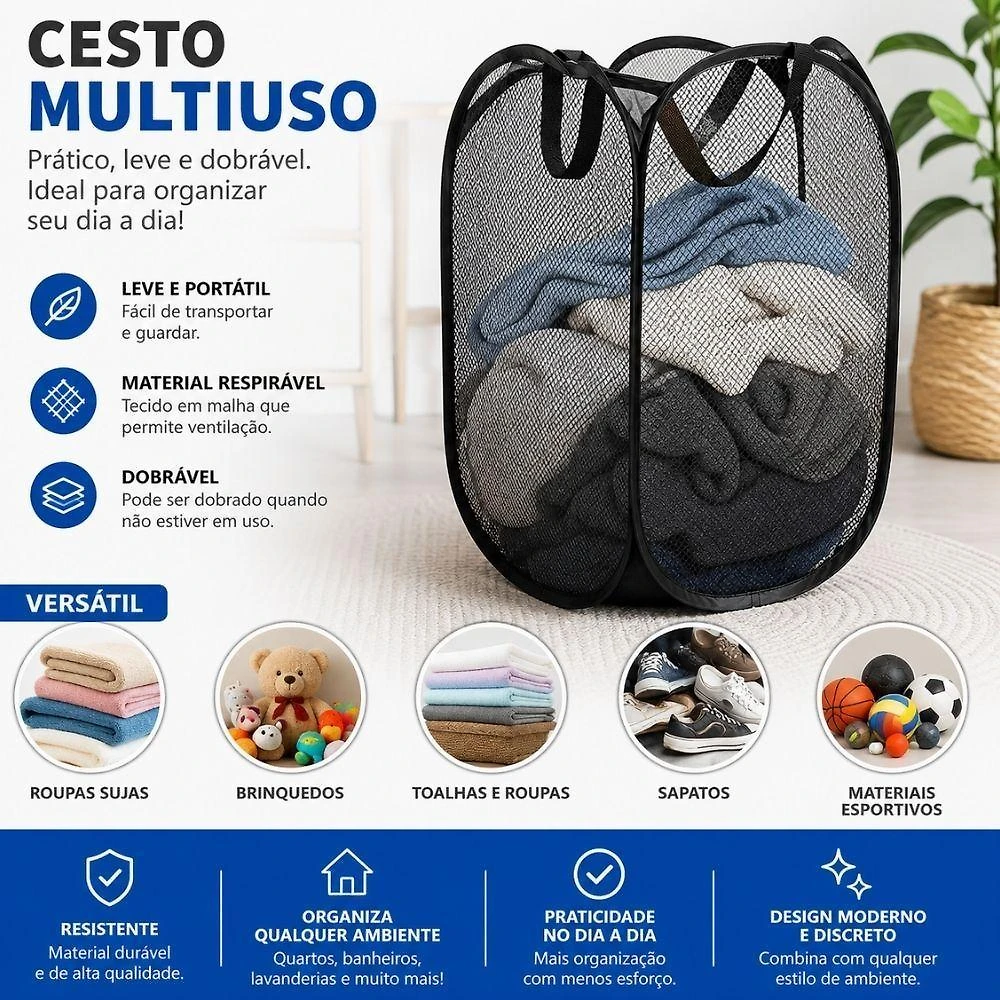 Cesta Organizadora Dobrável de Tecido Resistente Multiuso para Roupas e Brinquedos Preta Dark 30CM