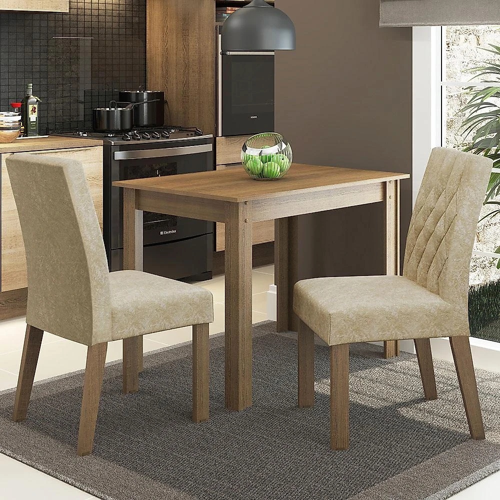 Conjunto sala de jantar mesa tampo de madeira 2 cadeiras rustic/imperial lídia madesa