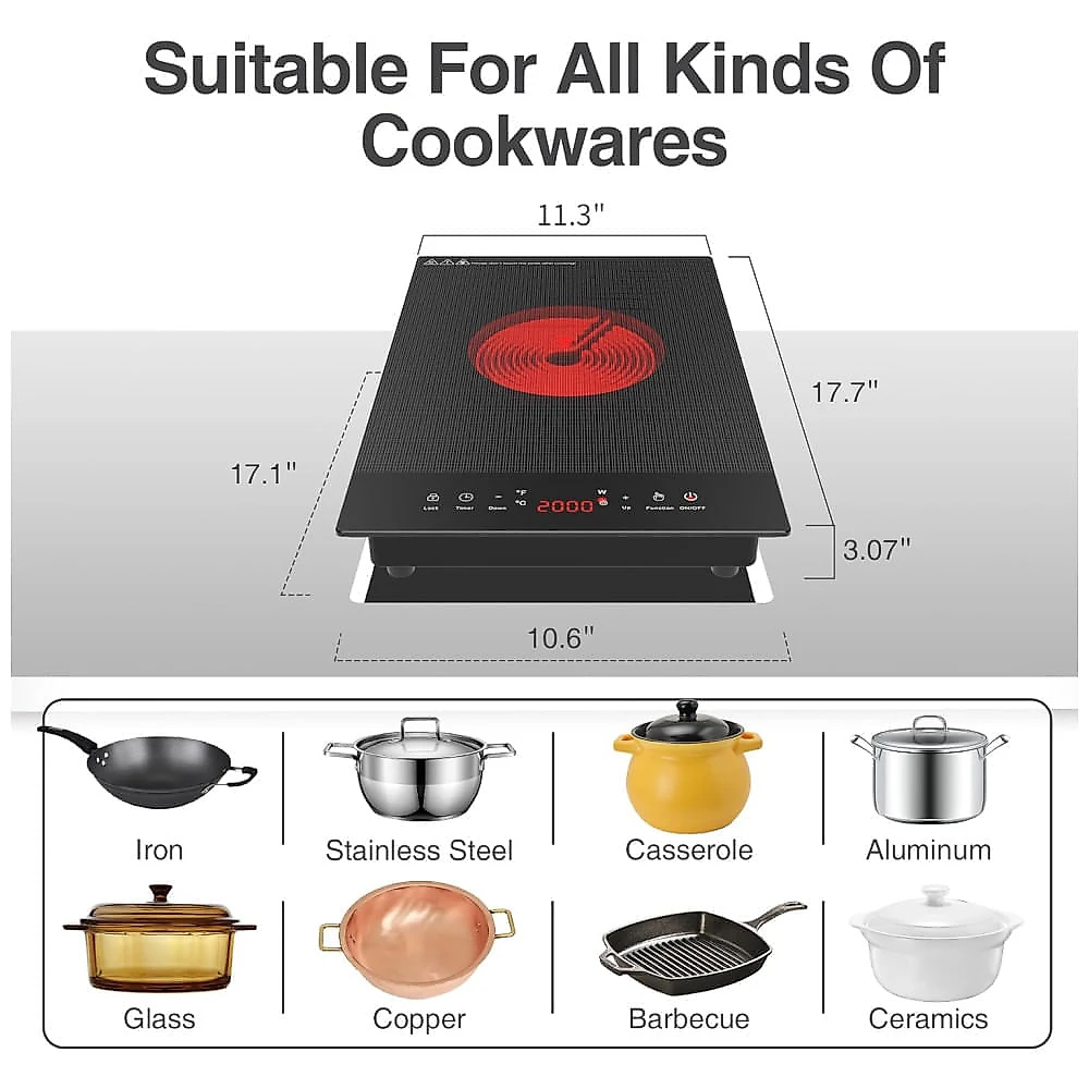 Cooktop Eltrico de Induo Porttil com Painel Digital, Queimador nico, 9 Nveis de Potncia, Trava para Crianas, Temporizador e Proteo Contra 110v