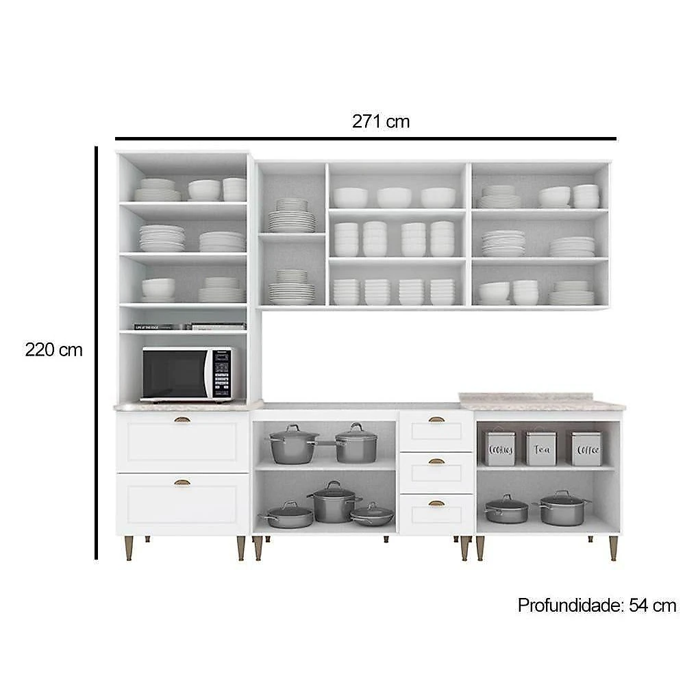 Kit Cozinha C5P62 6 Peças 4 Portas 3 Gavetas MDF 120CM Branco Móveis Henn