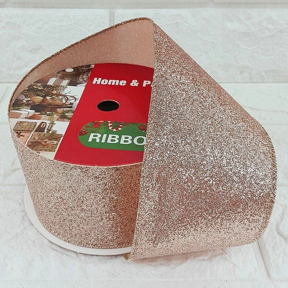 Rolo Fita Aramada Rose Gold Enfeite Natal 6,3cm 9m Kit 12pçs