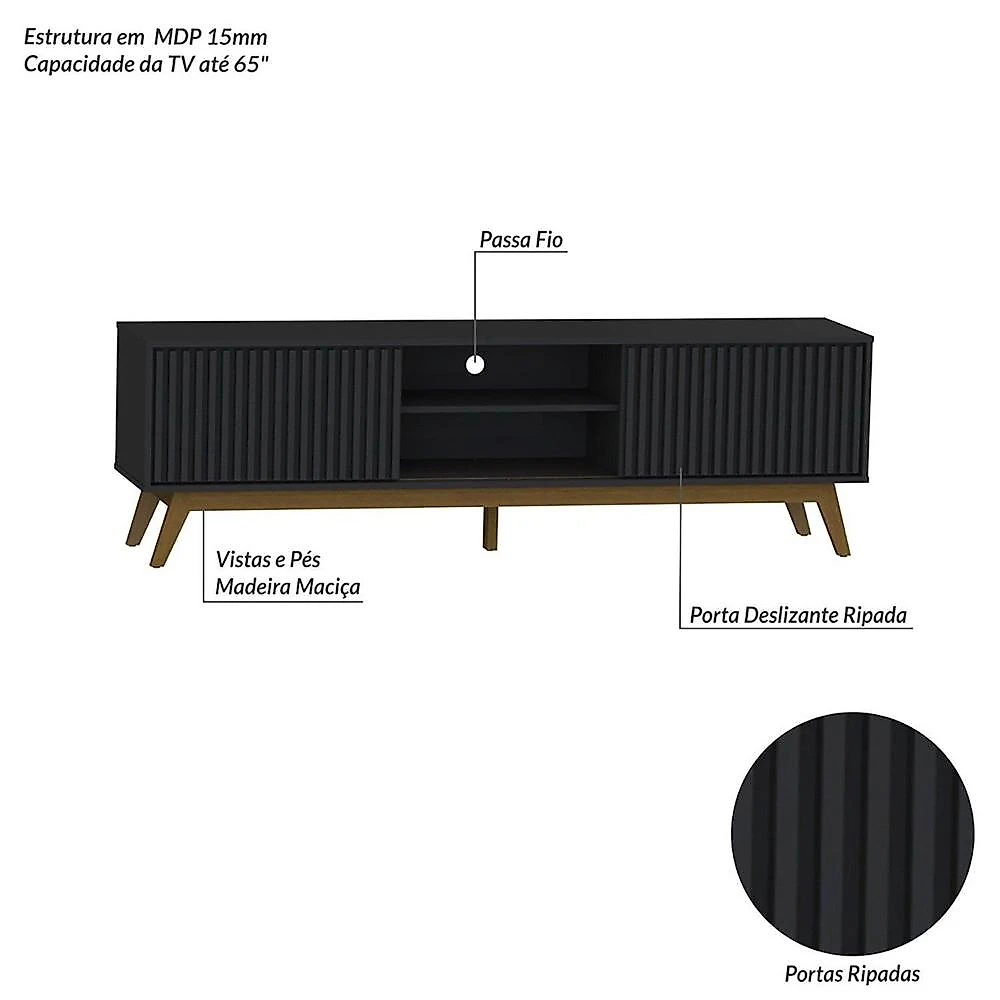 Rack Ripado Retrô para TV até 65 Polegadas Fox 180 cm Yescasa Preto Preto
