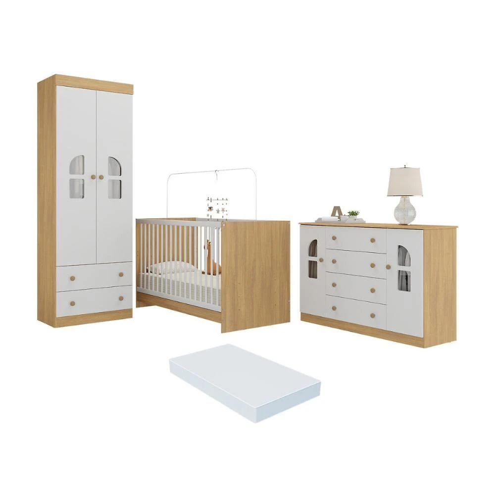 Quarto De Bebê Completo Com Berço 3 Em 1 Colchão Incluso Amora Multimóveis MP4577 Madeirado-branco