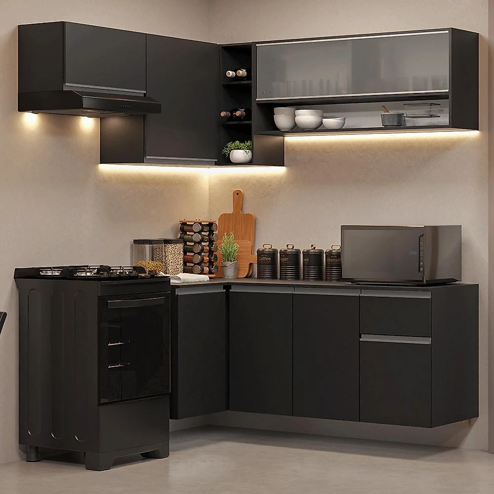 Armário de cozinha completa de canto suspenso 325 cm preto nice madesa 01
