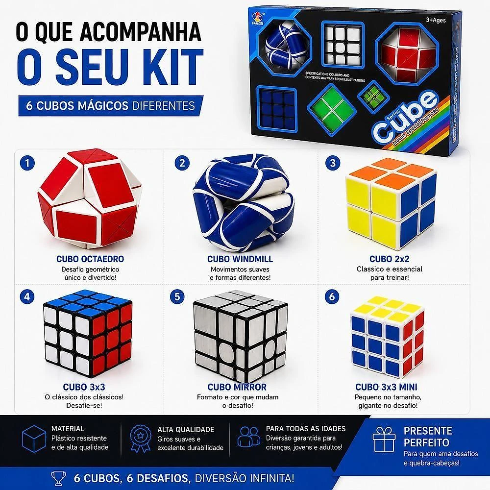 Kit Cubo Mágico Box 6 Cubos Raros Interativo Profissional Educativos Raciocinio Quebra Cabeca