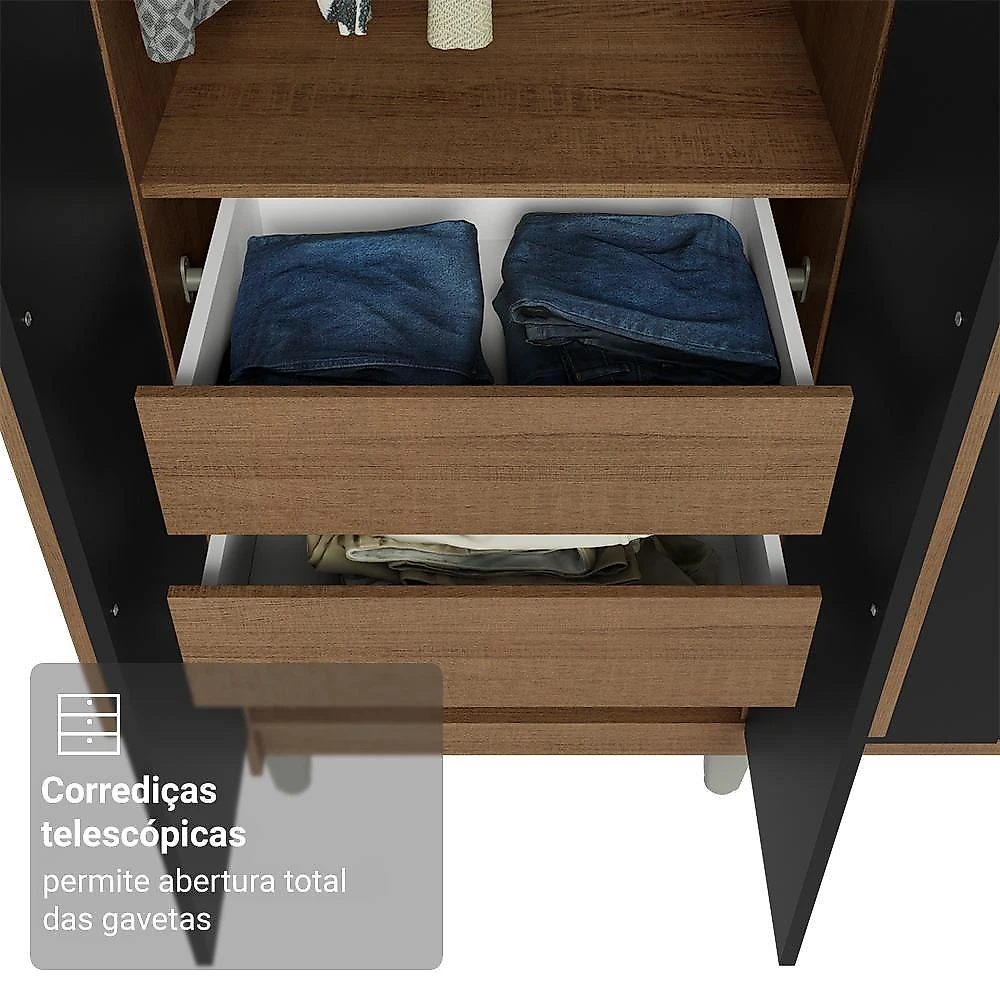 Guarda-roupa casal com pés 8 portas batentes rustic/preto/rustic venus madesa
