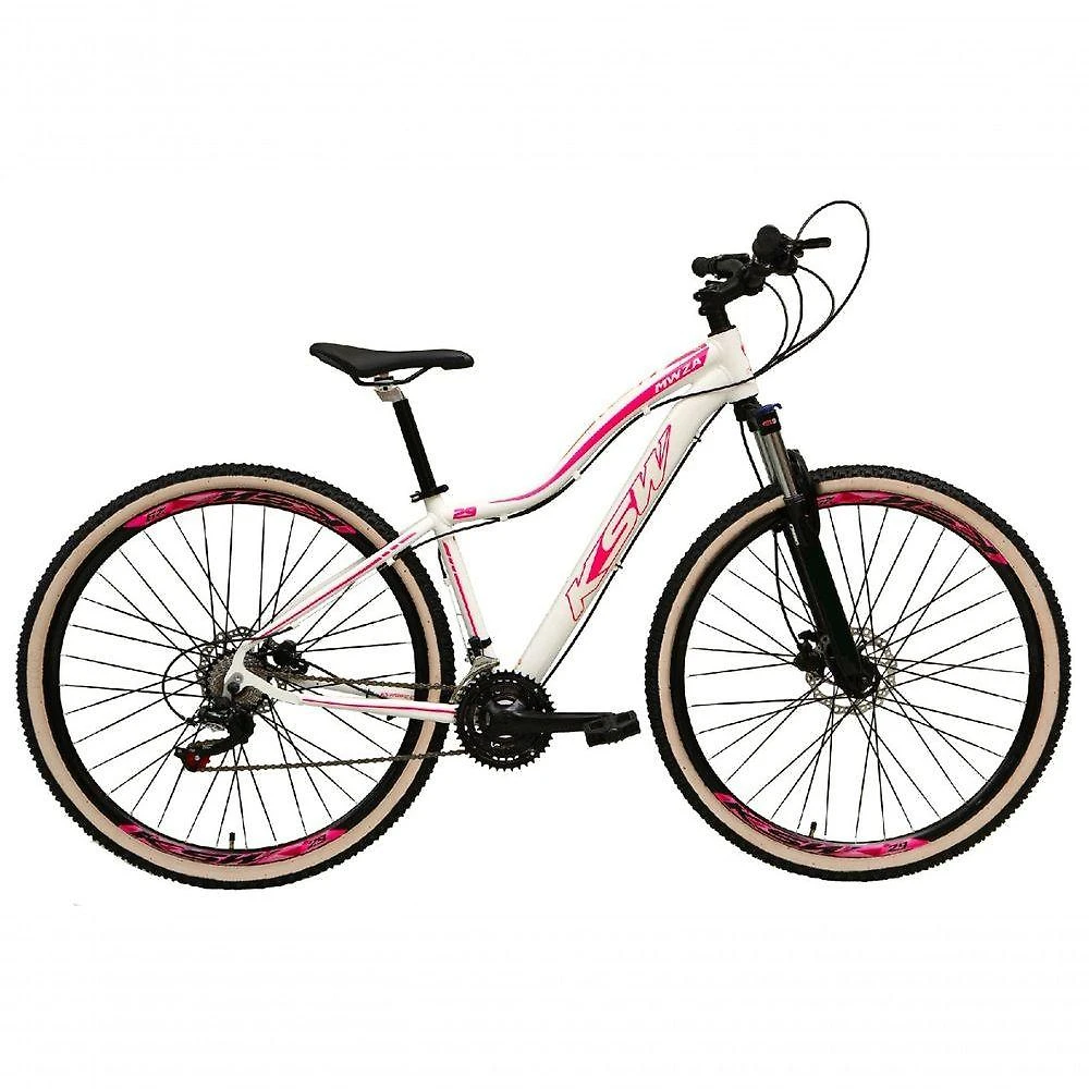 Bicicleta Feminina Aro 29 Ksw Mwza Shimano 24v K7 Freios Hidráulicos Garfo Trava Pneu Faixa - Branco-rosa Tam.17
