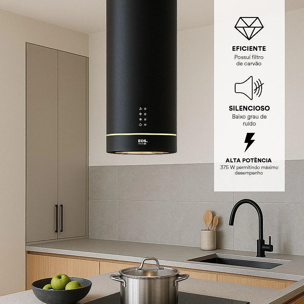 Coifa e Depurador de Ilha EOS 38cm Maxxi Air Redonda All Black 1200m³/h EMCO41IRP 220V