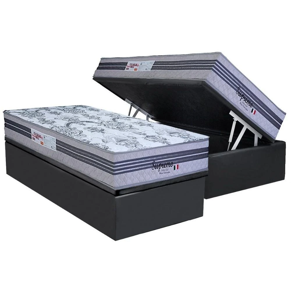 Cama Box Baú Solteiro: Colchão Molas Masterpocket Ensacadas Paropas Supremo Gray + Base Crc Suede Gray (88x188)