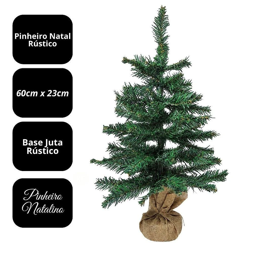 Pinheiro de Natal Luxo com 60 Galhos e Base em Saco de Juta Rústico Verde Bela Flor 60CM
