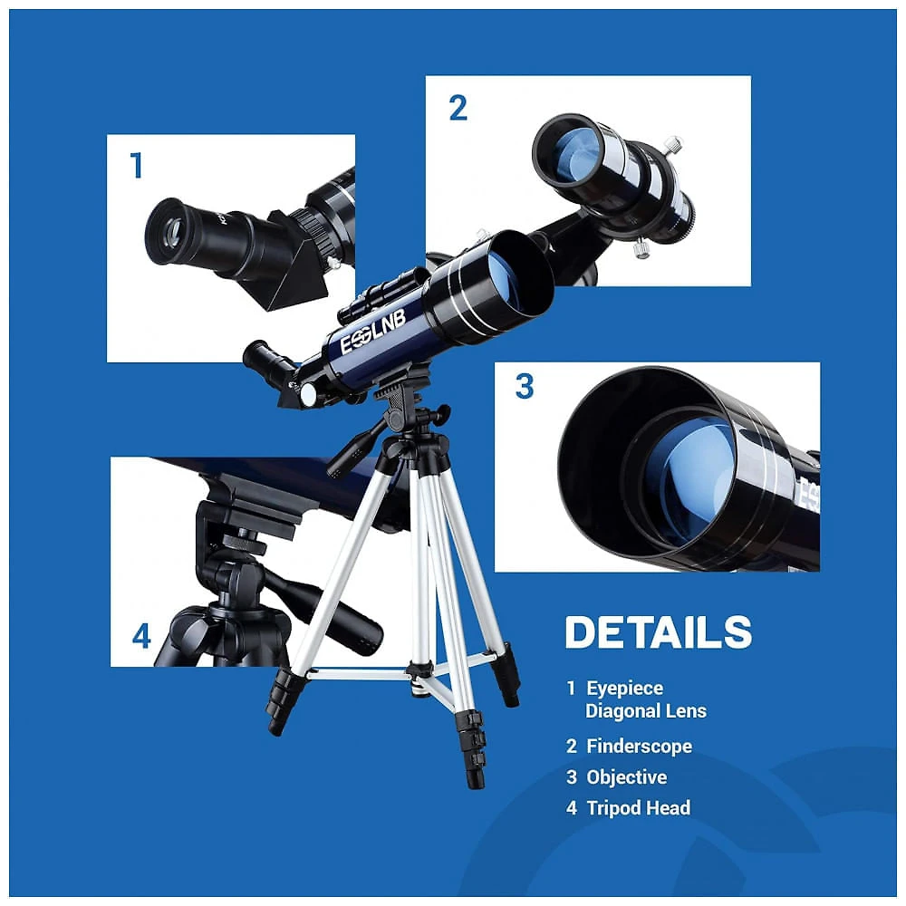 Miniatura Telescópio Astronômico 15x180 com Tripé Ajustável e Adaptador de Celular, ESSLNB 36070, Azul