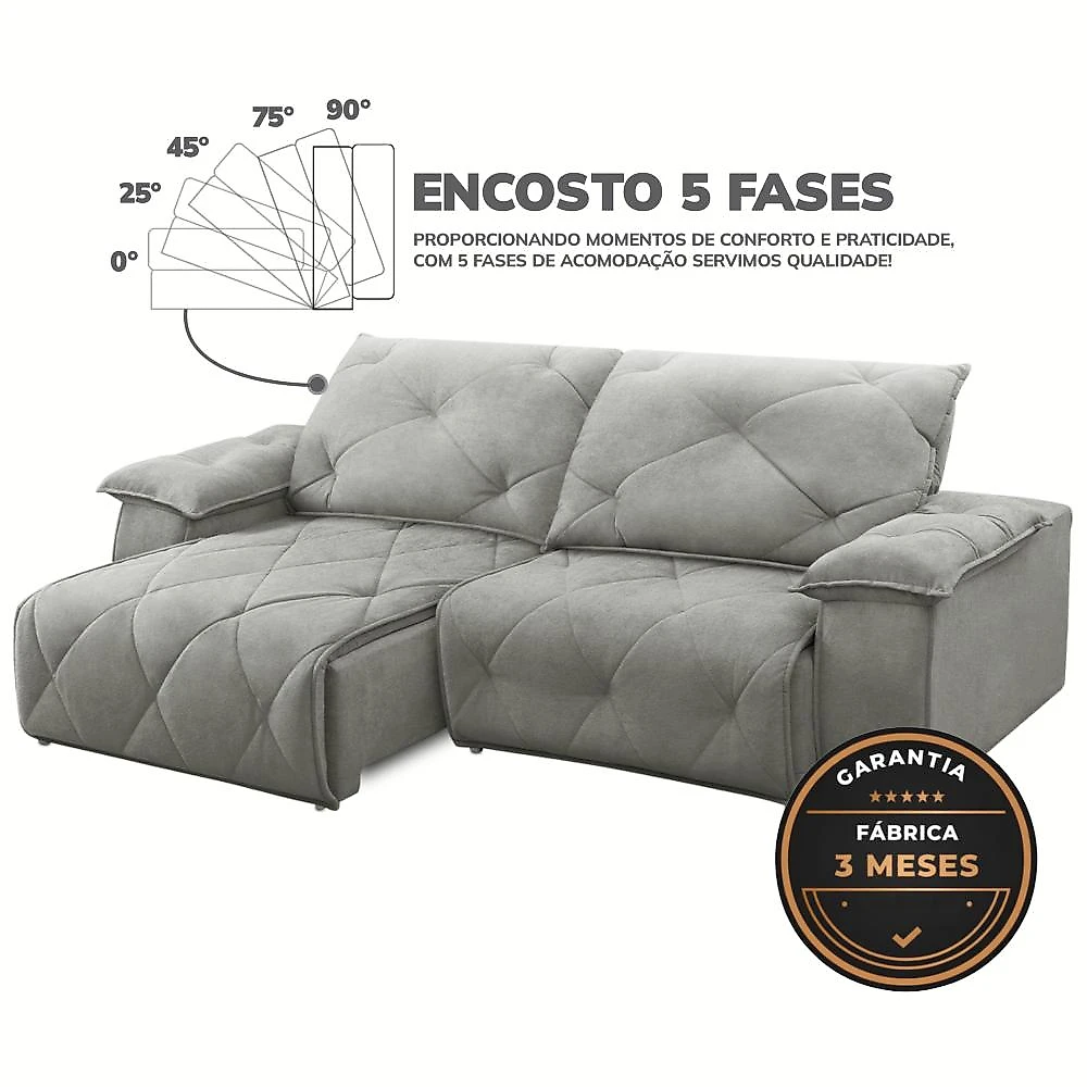 Sofá 230cm retratil e reclinavel 4 lugares Texas Sofá 4 Lugares Retrátil e Reclinável Master Nevoa