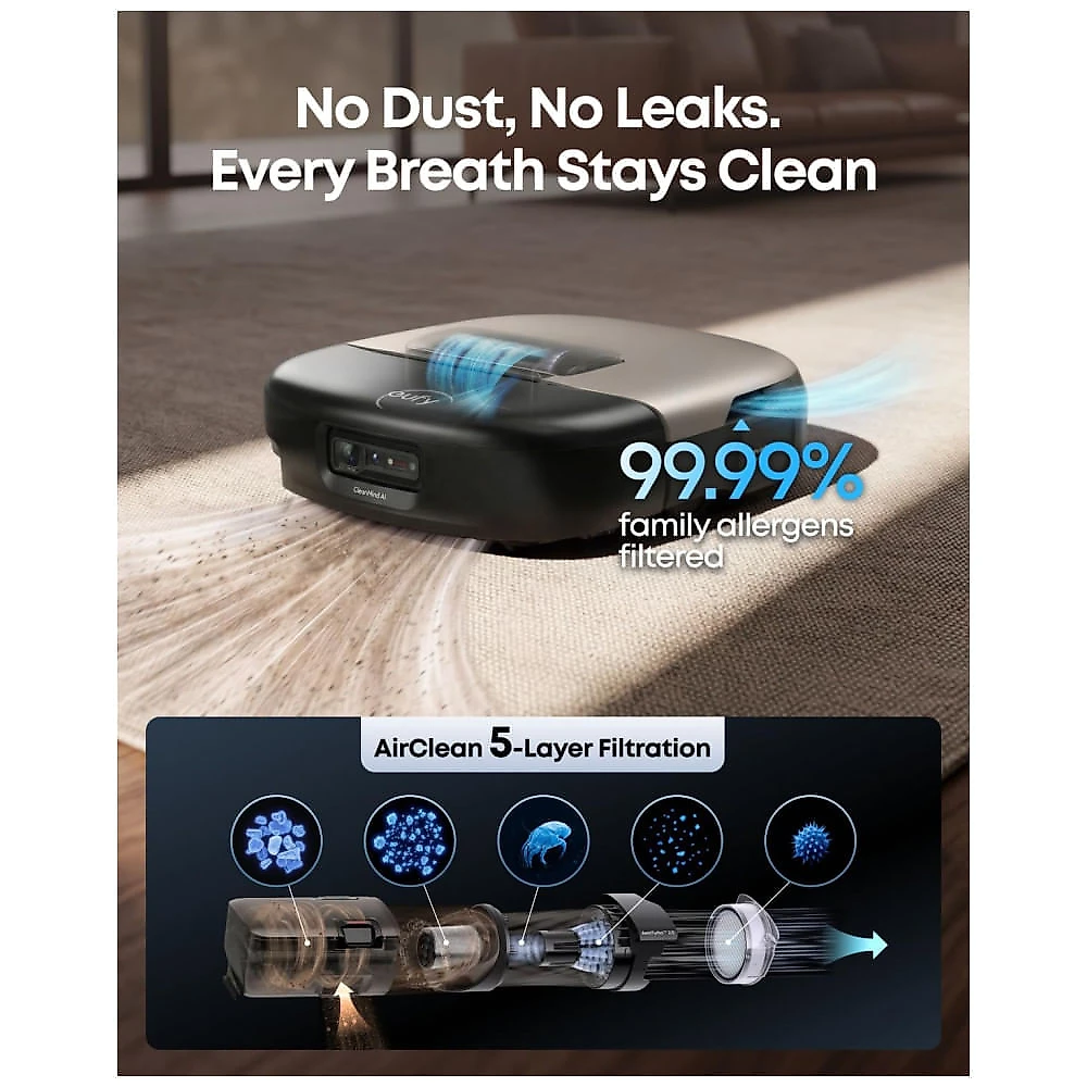 Miniatura Robô Aspirador Eufy S2 Omni Preto Autoesvaziamento 68 Dias HydroJet 30.000Pa 120V