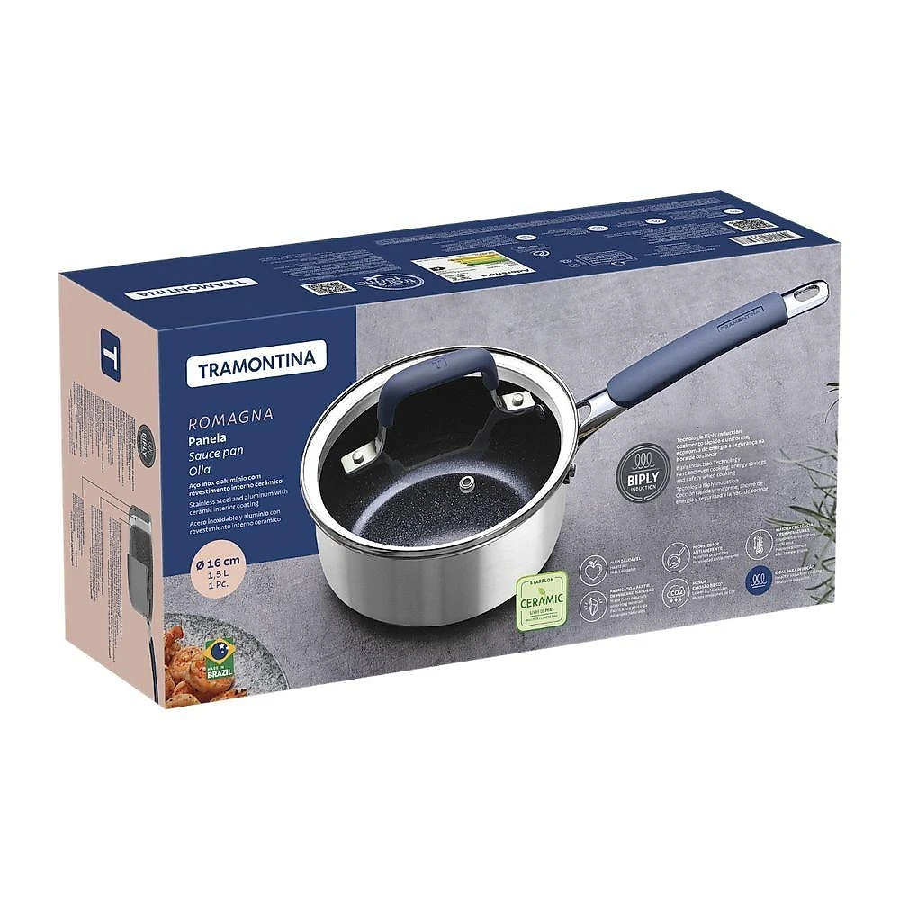 Panela Romagna Indução Aço Inox e Alumínio Revestimento Interno Cerâmico Black Stone 1,5L Tramontina