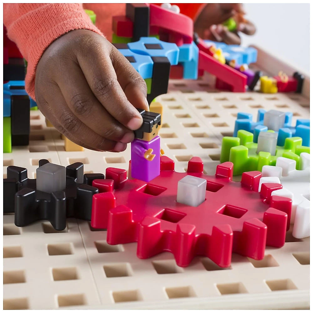 Mesa de atividades Guidecraft IO Blocks Center em madeira com 458 peças de construção e 4 bins de armazenamento - Brinquedo Educacional STEM