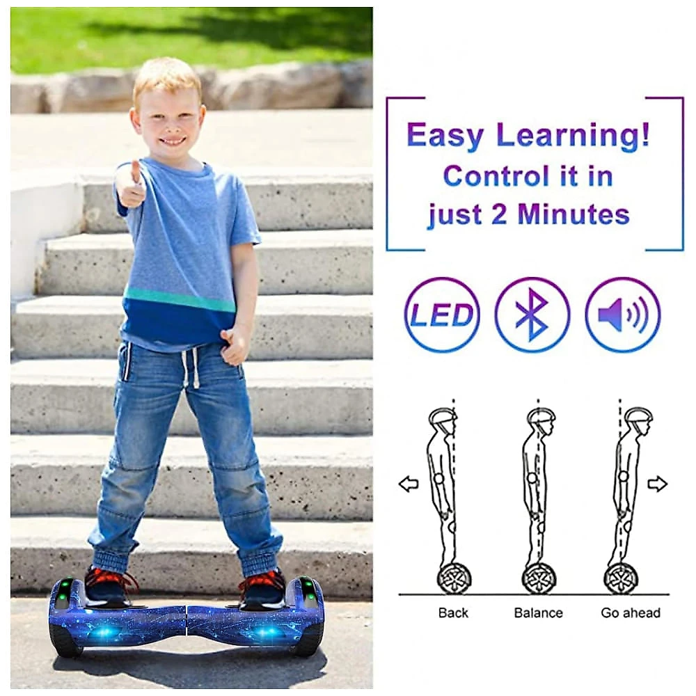 Hoverboard Auto Balanceante SISIGAD 6,5" Azul Estrelado K01 com Alto-falante Bluetooth e Rodas LED Coloridas para Crianças de 6 a 12 Anos