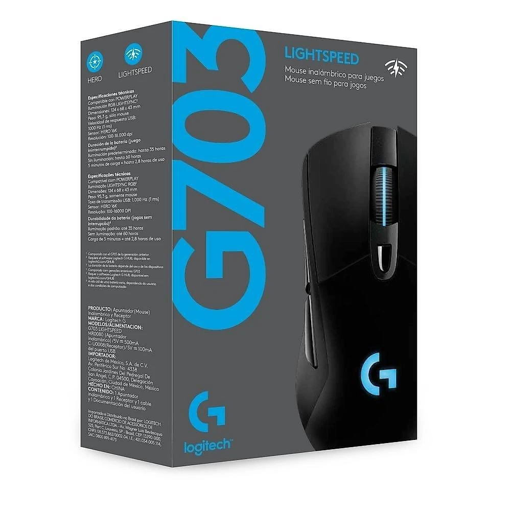 Mouse Gamer Sem Fio Logitech G703 LIGHTSPEED RGB LIGHTSYNC, 6 Botões Programáveis, HERO 25K, Recarregável, Compatível POWERPLAY - 910-005639