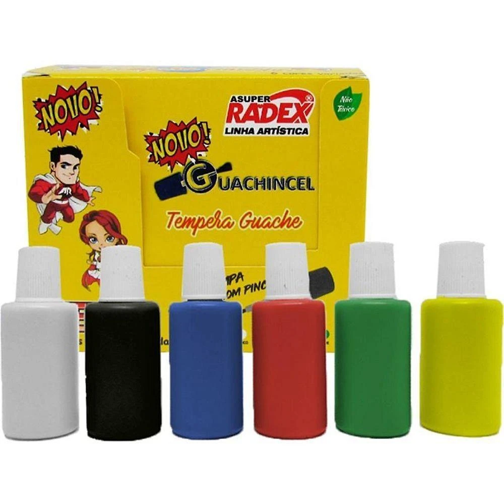 Tinta Guache Escolar Radex com Pincel 18ML Kit 6 Cores