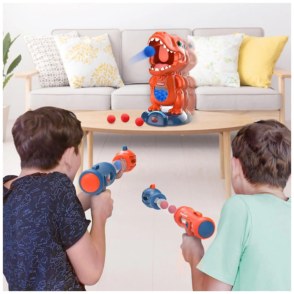 EagleStone Jogo de Tiro com Dinossauro Móvel para Crianças – 2 Armas de Bomba de Ar, 48 Bolinhas de Espuma, Alvo Eletrônico com LED e Som Realista