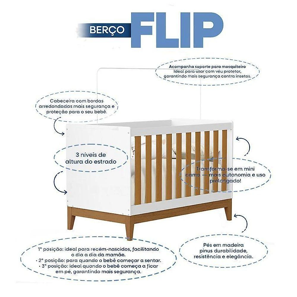 Conjunto Berço Flip e Guarda Roupa Casal 6 Portas 4 Gavetas Branco Móveis Henn