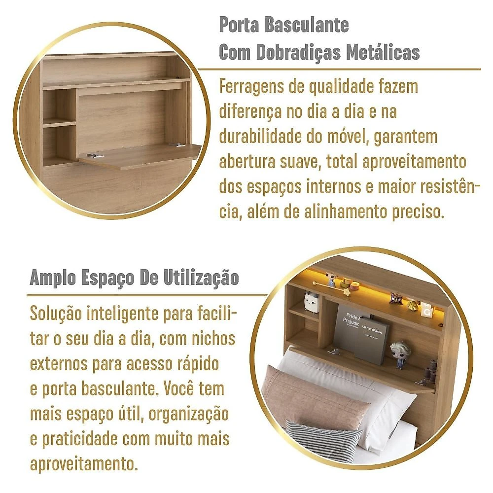 Cama de Solteiro 90 Suspensa com Ilunimação em Led e Organizador na Cabeceira Cancun  Mel