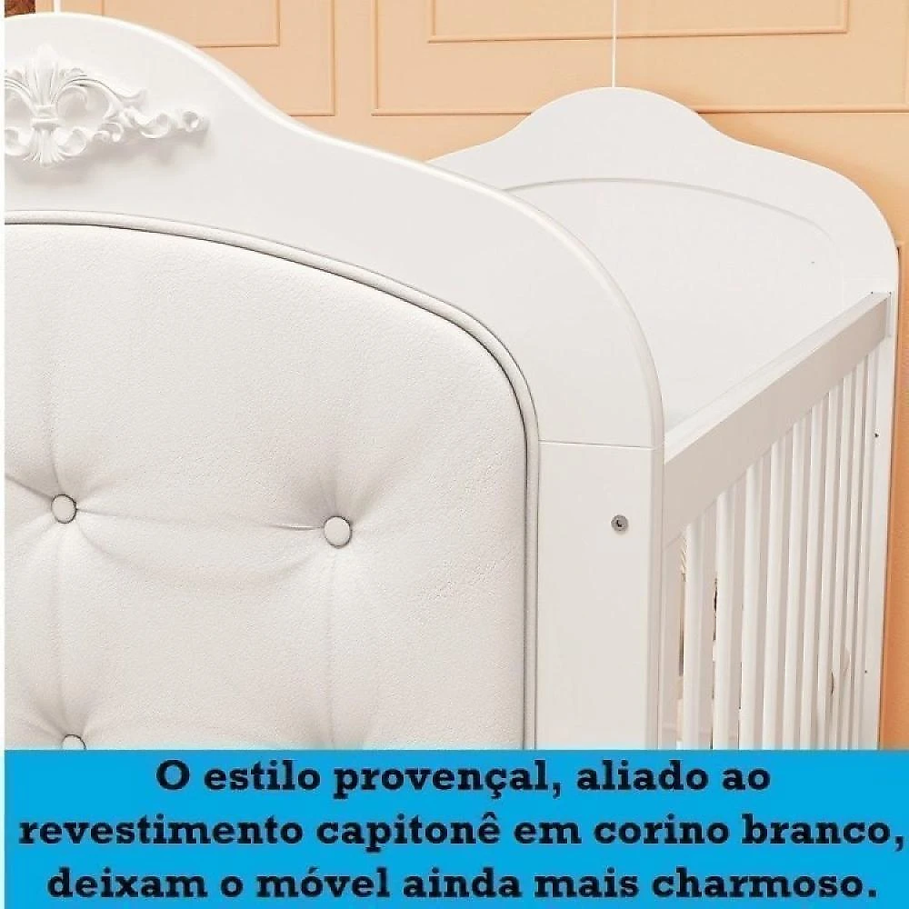 Quarto de Bebê Berço com Capitonê Guarda Roupa e Cômoda com Janela Maya Clássico Espresso Móveis Branco Brilho/Corino Branco