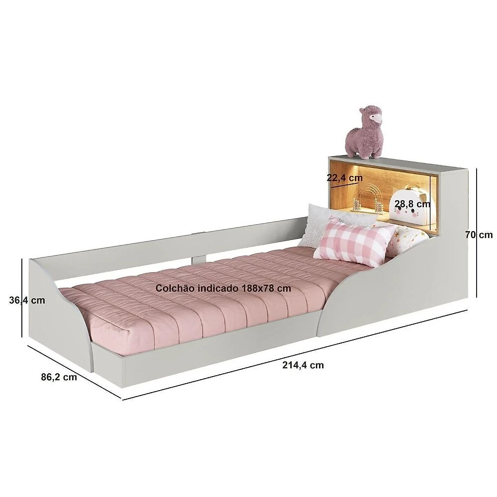 Quarto Infantil com Cama Solteiro Montessoriana com Iluminação Led e Guarda-roupas Lille Arenas