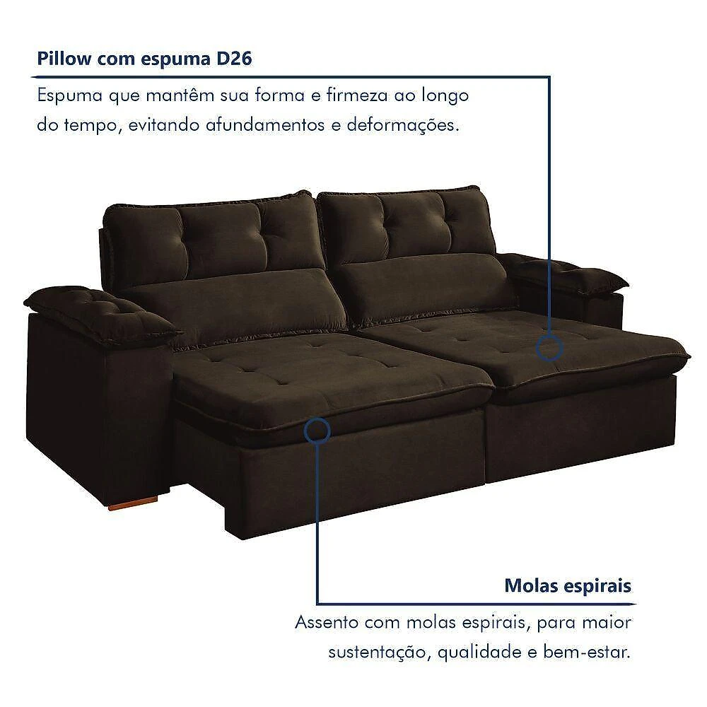 Sofá Retrátil Toronto 3 Lugares Reclinável 230CM Marrom Veludo Rei de Casa