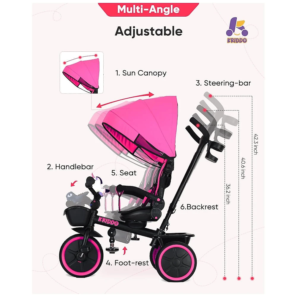Triciclo 7 em 1 com Alça Ajustável, Assento Giratório, Porta-Copos, Capota Retrátil, Guarda-Corpo Removível e Apoio para...