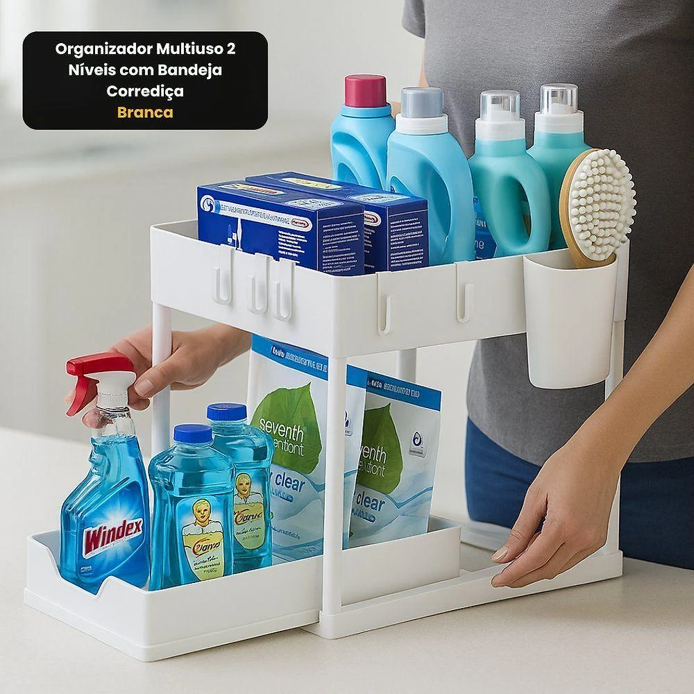 Organizador Multiuso 2 Níveis com Bandeja Corrediça Metal com Pintura Eletrostática e Plástico PP