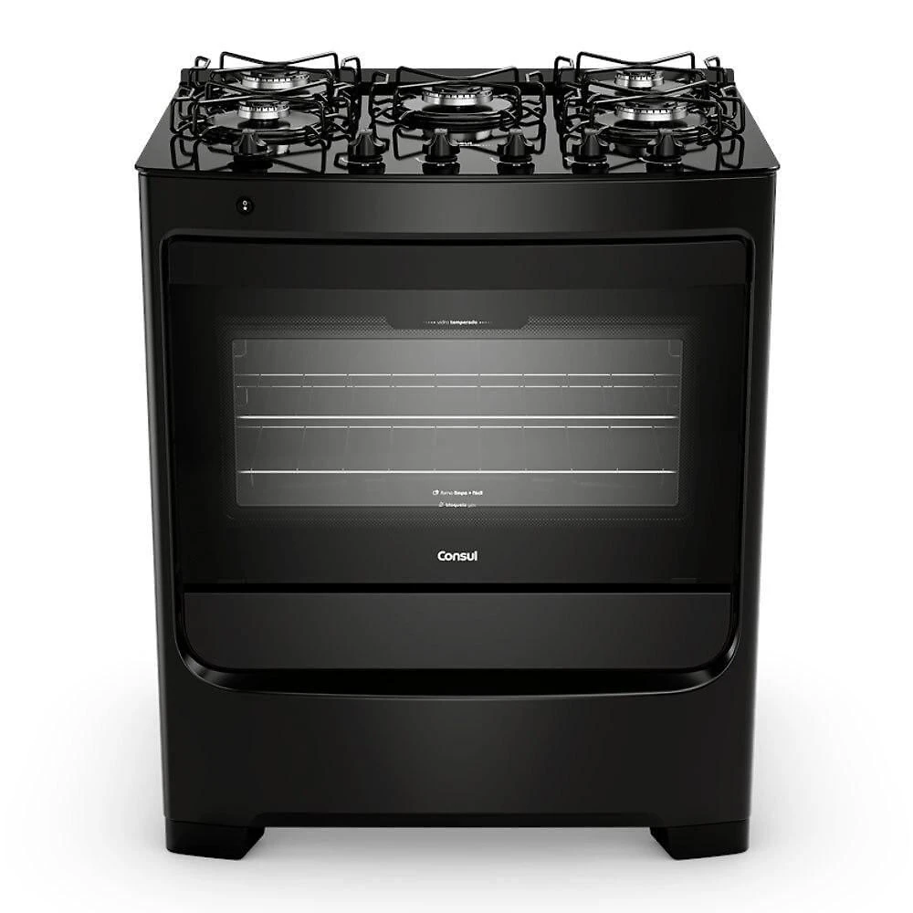 Fogão De Piso Consul 5 Bocas CFS5VBEUNA Acendimento Automático Mesa De Vidro Preto Bivolt