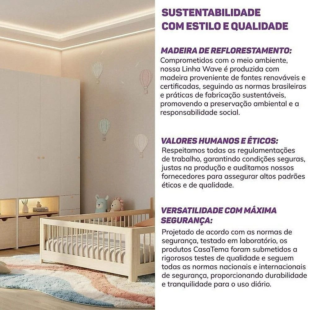 Guarda-Roupa Modulado e Cama Casal Montessoriano Infantil Wave Casatema MadeiraOriginals Natural/Branco