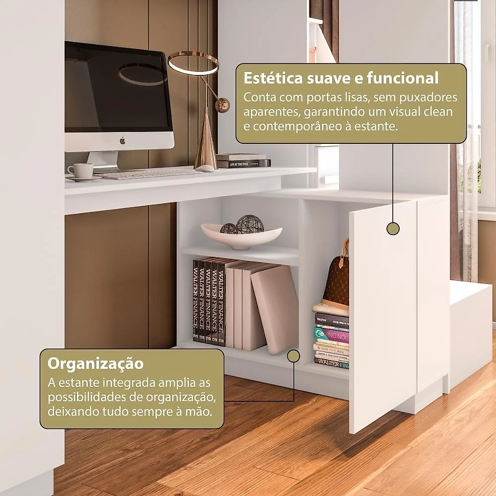 Cama Solteiro Alta com Guarda Roupa e Escrivaninha CRRUI-CAM014 MDF MDP Branco Multimóveis