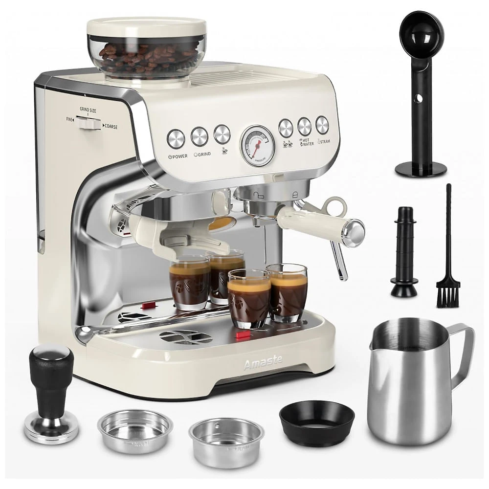Cafeteira Espresso Amaste 15 Bar com Moinho Integrado, Vaporizador, 2L Branco, Kit Barista, Pre-Infusão, AC-517EA 110V