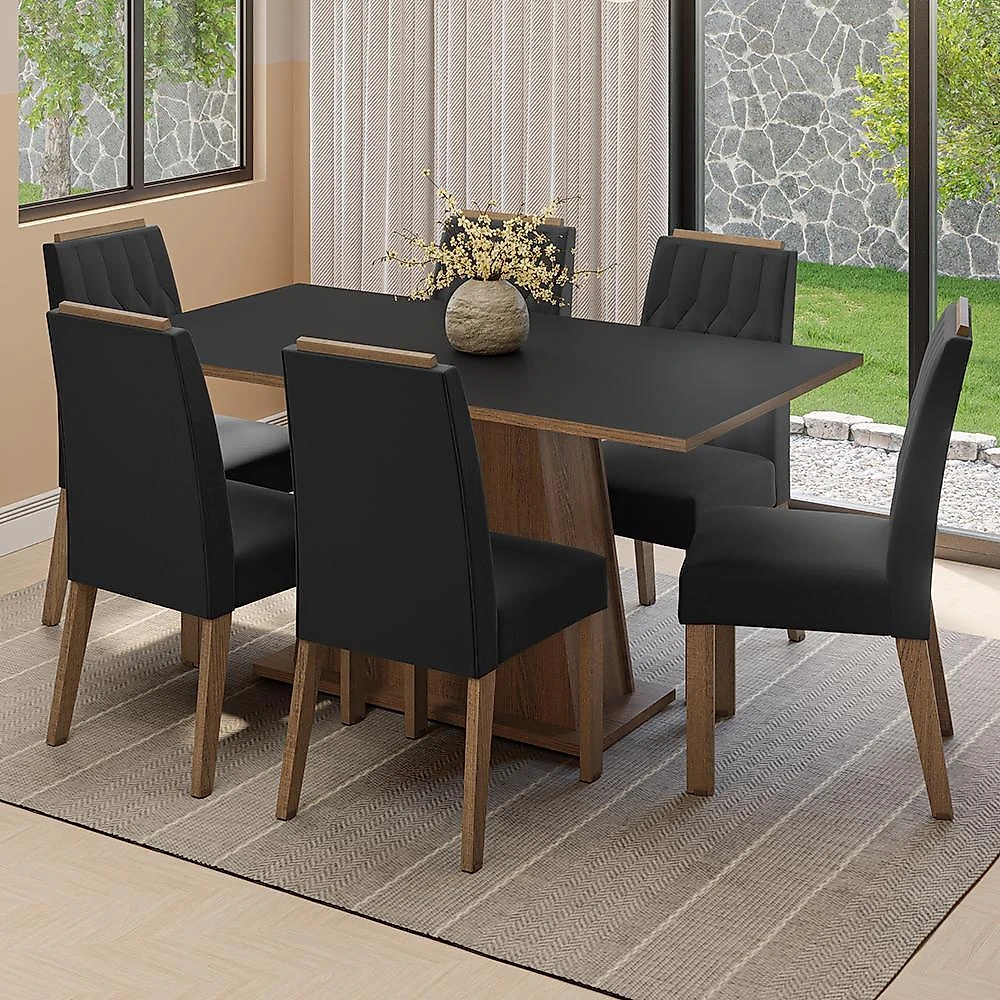 Conjunto sala de jantar tampo de madeira 6 cadeiras rustic/preto/oxford cedro madesa