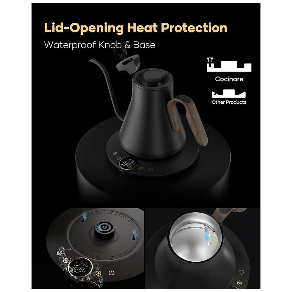 Chaleira elétrica Cocinare FLOW B9 Goya Walnut 0,9L bico pescoço de ganso controle de temperatura 1500W 110V