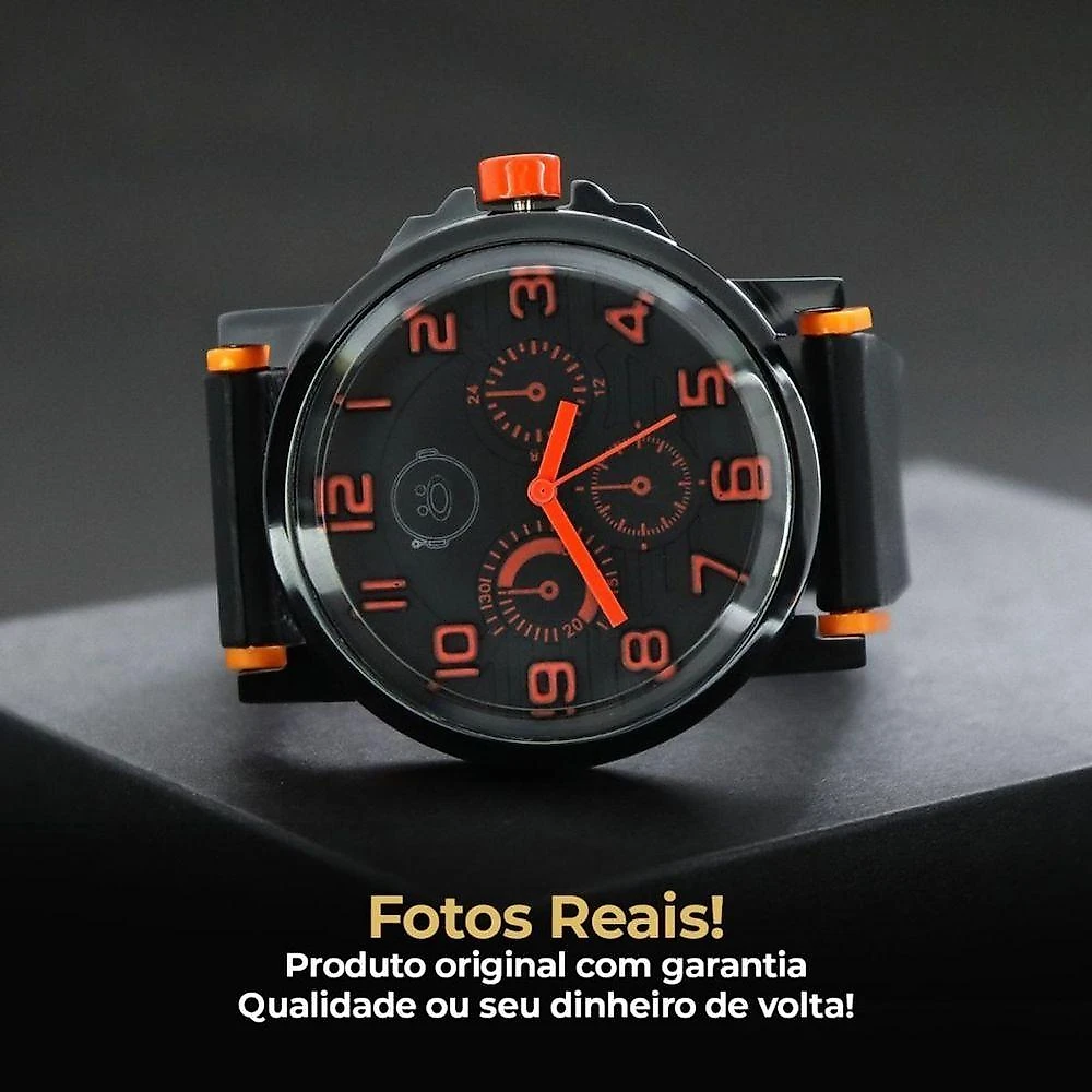 Relogio Aço Inox Preto Silicone Laranja Ajustavel