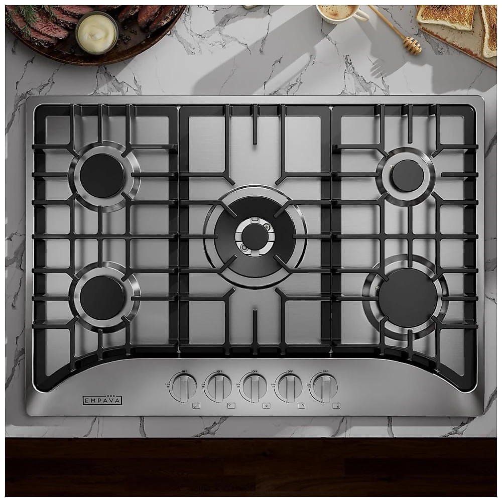 Cooktop a gás 76cm Empava inox 5 queimadores SABAF selados 37700BTU dual fuel GN/GLP ignição elétrica 110V